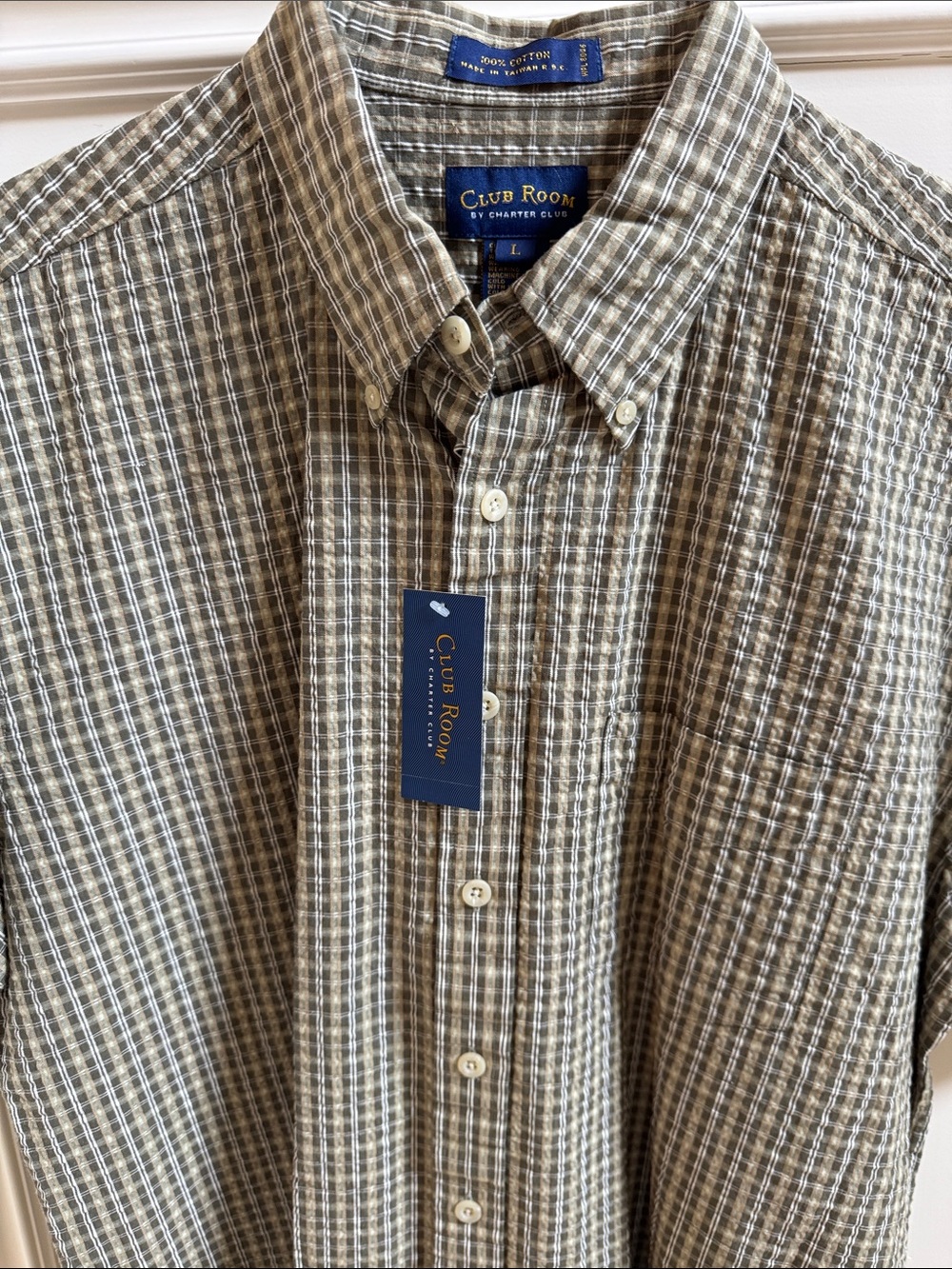 NWT Club Room Olive and White Plaid Button-Down Seer Sucker Shirt